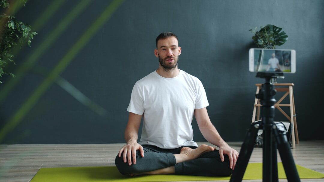 Person practicing a speech in front of a camera in a training studio